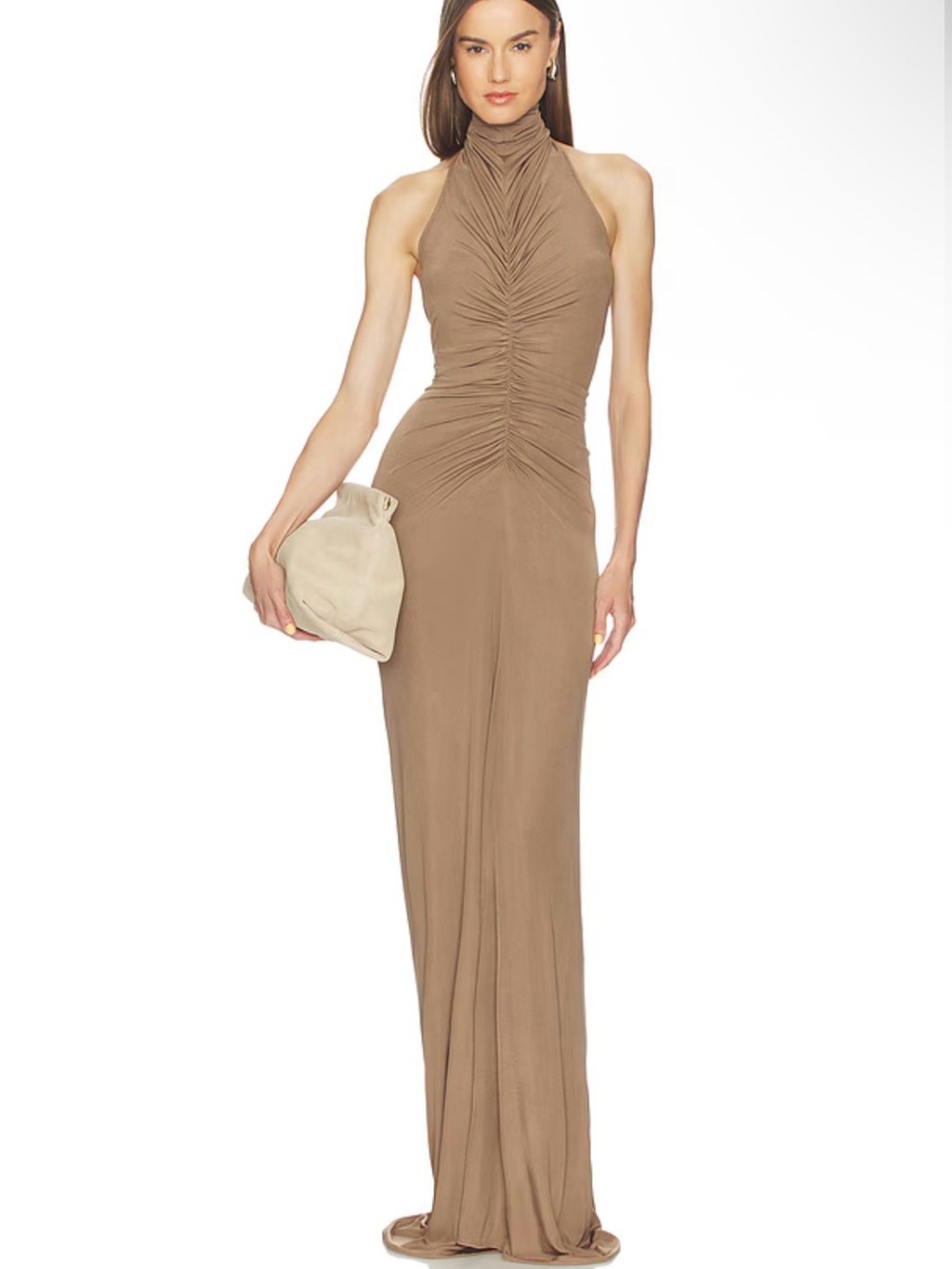 Atlein Halter Neck Front Ruched Gown in Saumatre